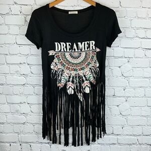 FRINGE HEM Dreamer T Shirt Black Fringe Detail Graphic Tee Size M